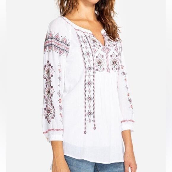 Johnny Was Tatum Peasant Embroidered White Boho Sheer Top size XL - Picture 1 of 10